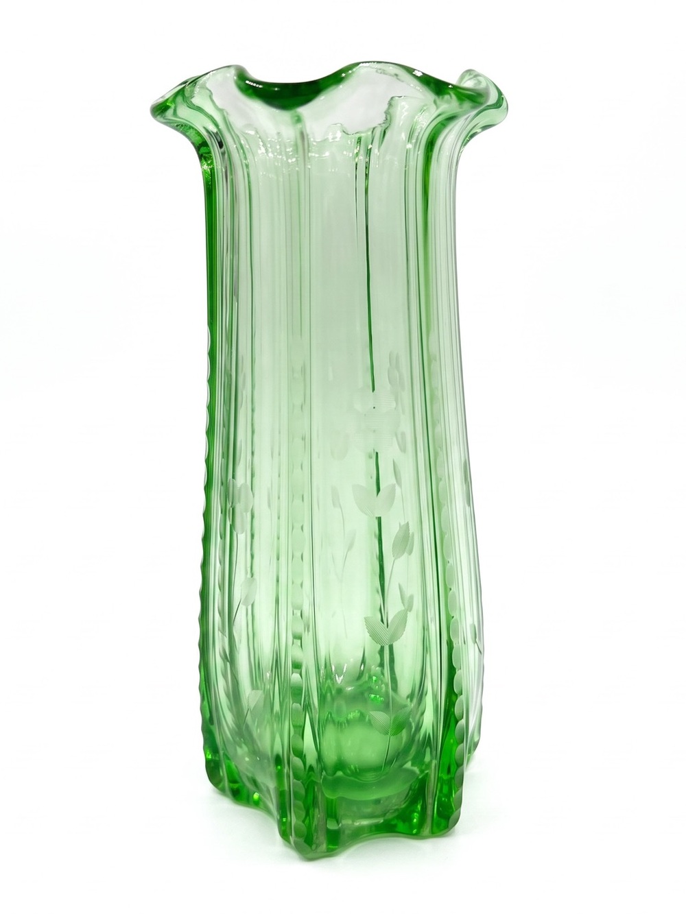 Vintage Green Uranium Glass Vase - 10.5" Optic
Ribbed Etched Floral Centerpiece
